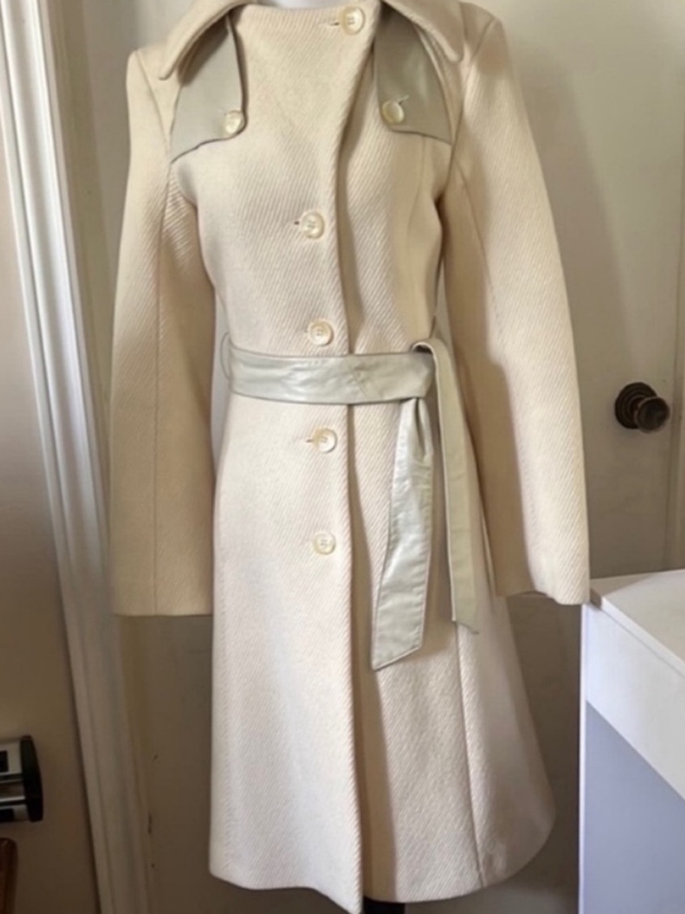 Mackage • Women’s Size S • Cream • Wool Coat, Leather Trim Accents • Belted